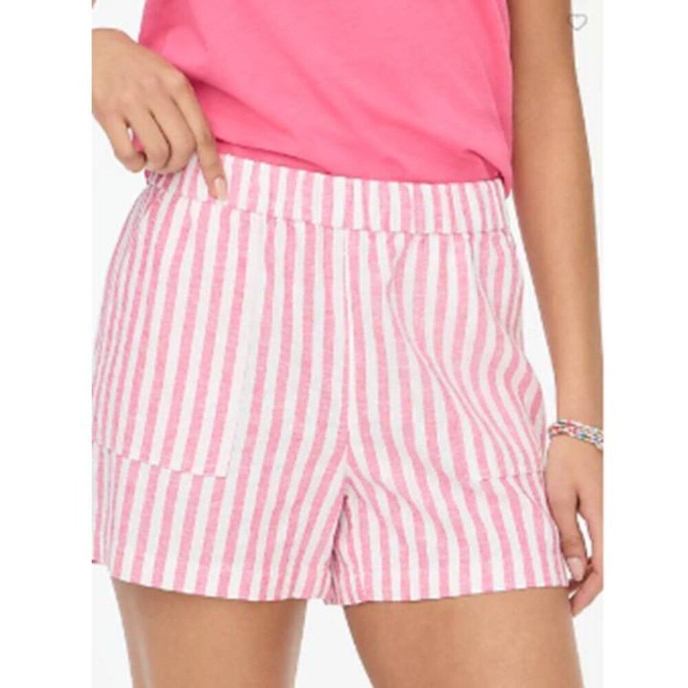 J Crew Women's Linen Blend Pull On Short Front Pockets 4" Striped Beach Pink